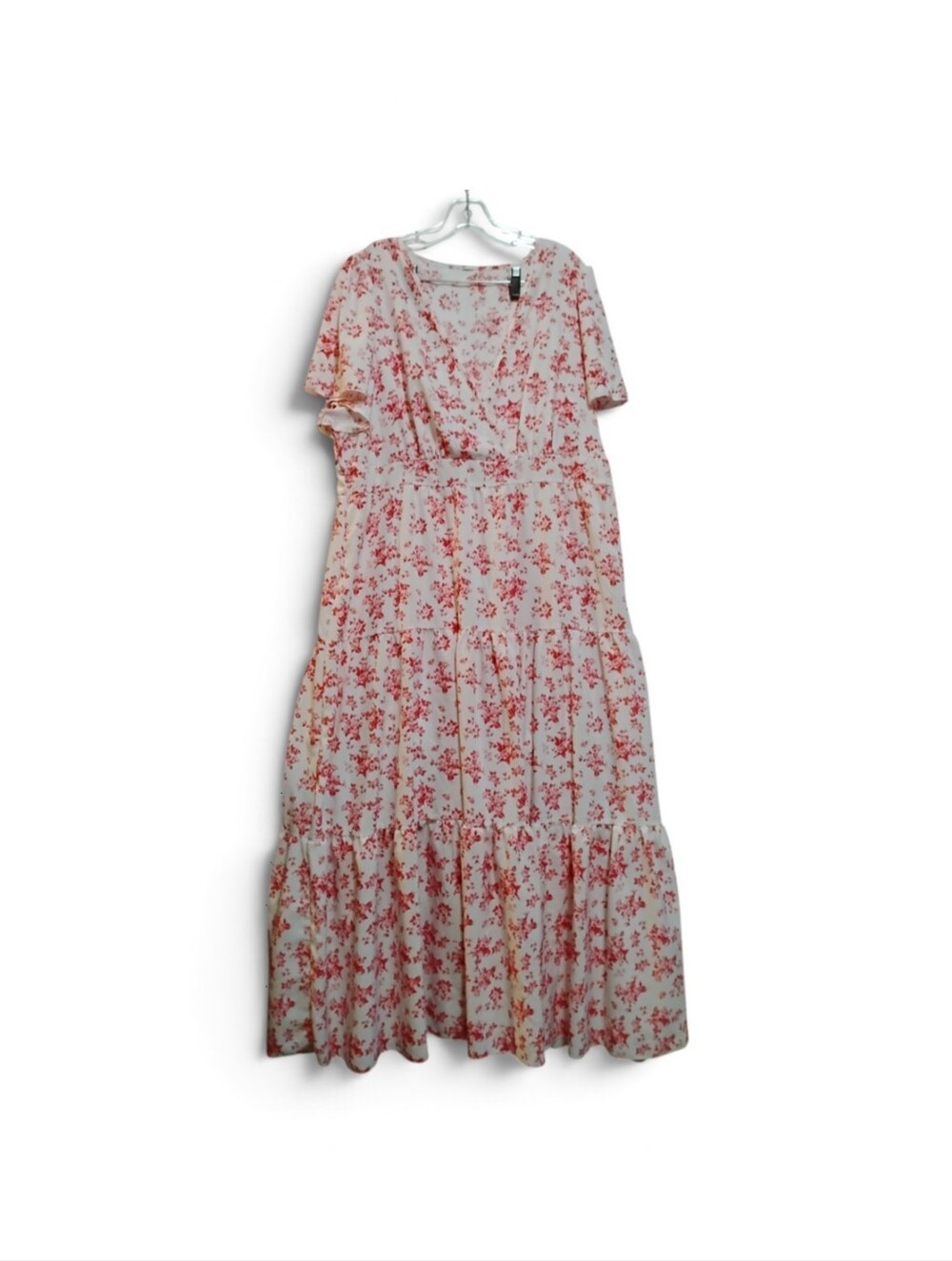 Cream & Pink Flowers Prints Silky Light Fabric Maxi Dress Flare Short Sleeve 3XL